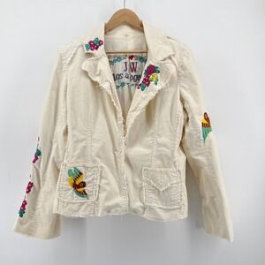 Johnny Was Cream Embroidered Frayed-Trim Blazer with Colorful Birds